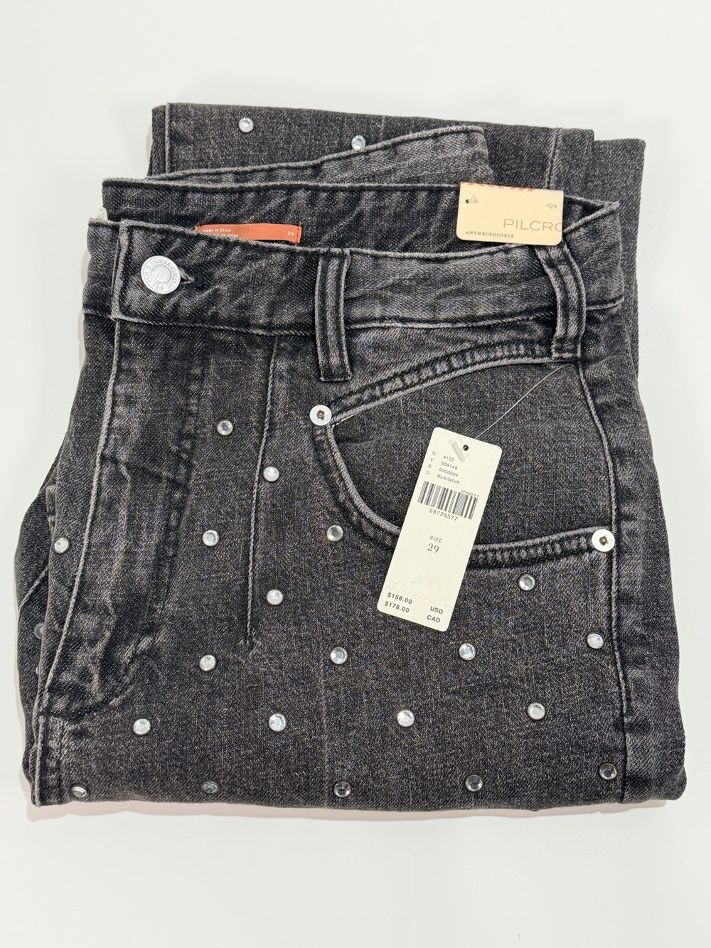 Pilcro Anthropologie Ultra High Rise Rhinestone Straight Jeans Black 29 NWT